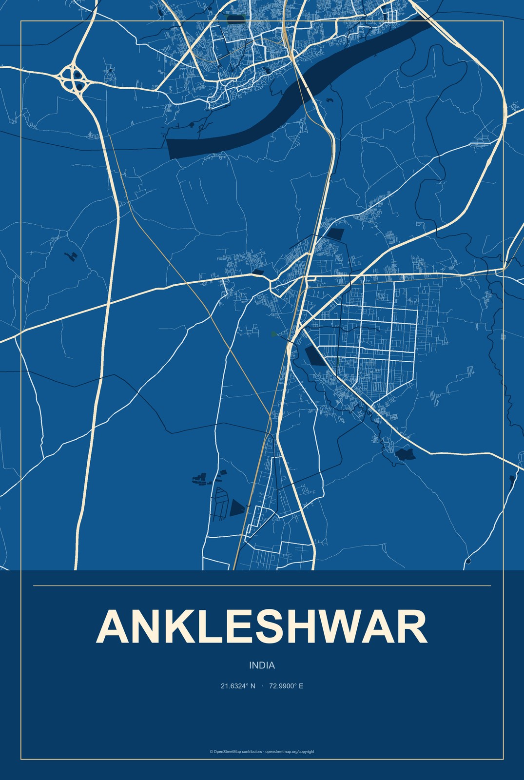 Ankleshwar, India City Map Aluminum Sign in Harbor Cobalt style