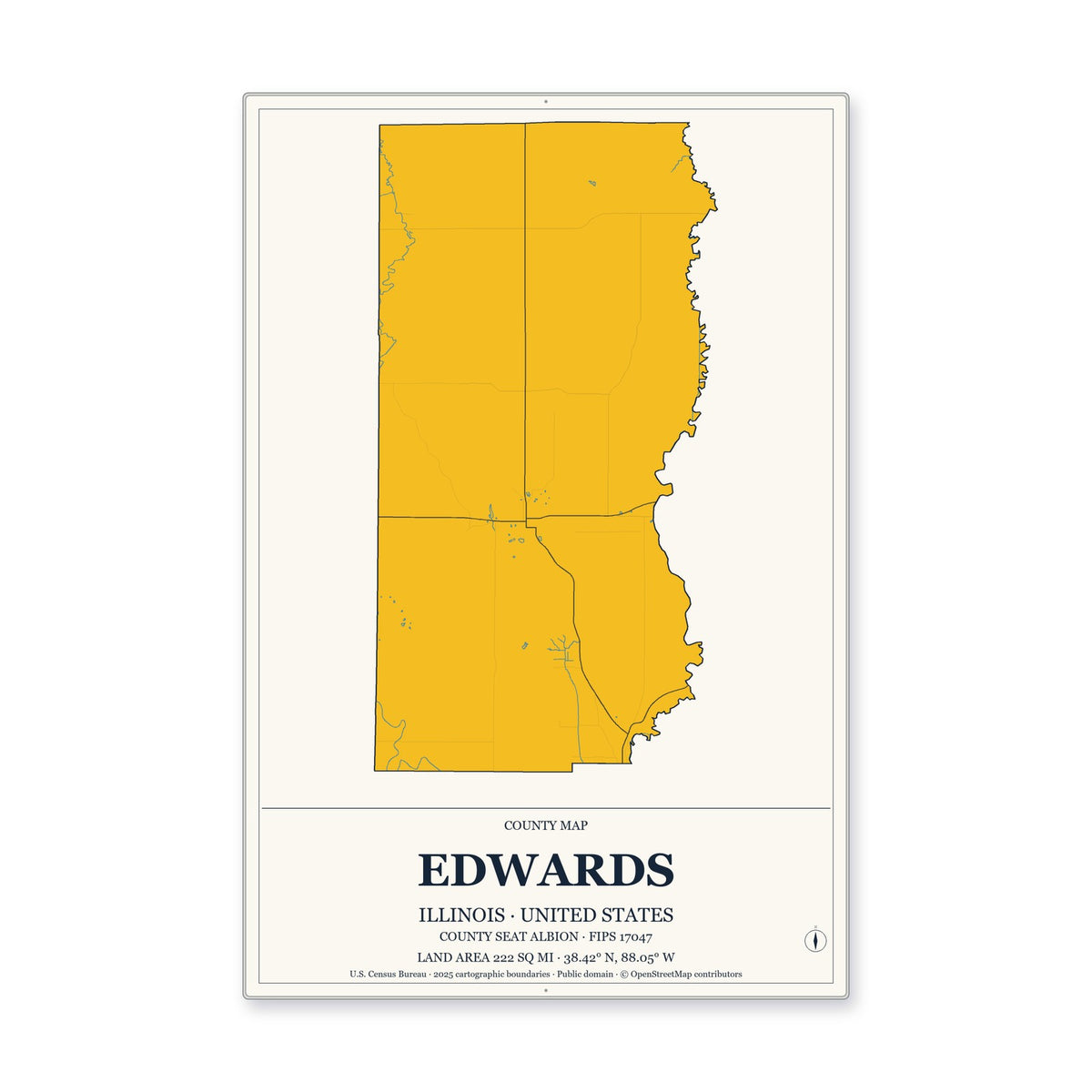 Edwards County, Illinois Map Aluminum Sign in Citrine Modern style