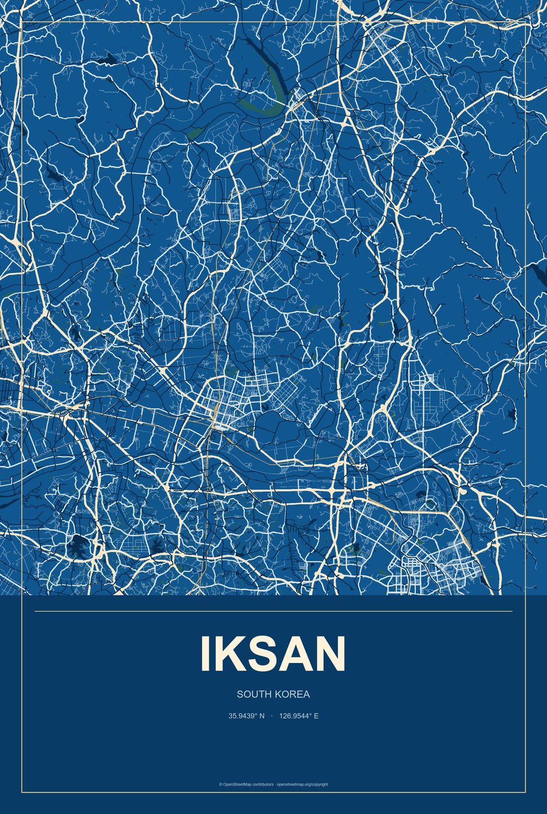 Iksan, South Korea City Map Aluminum Sign in Harbor Cobalt style