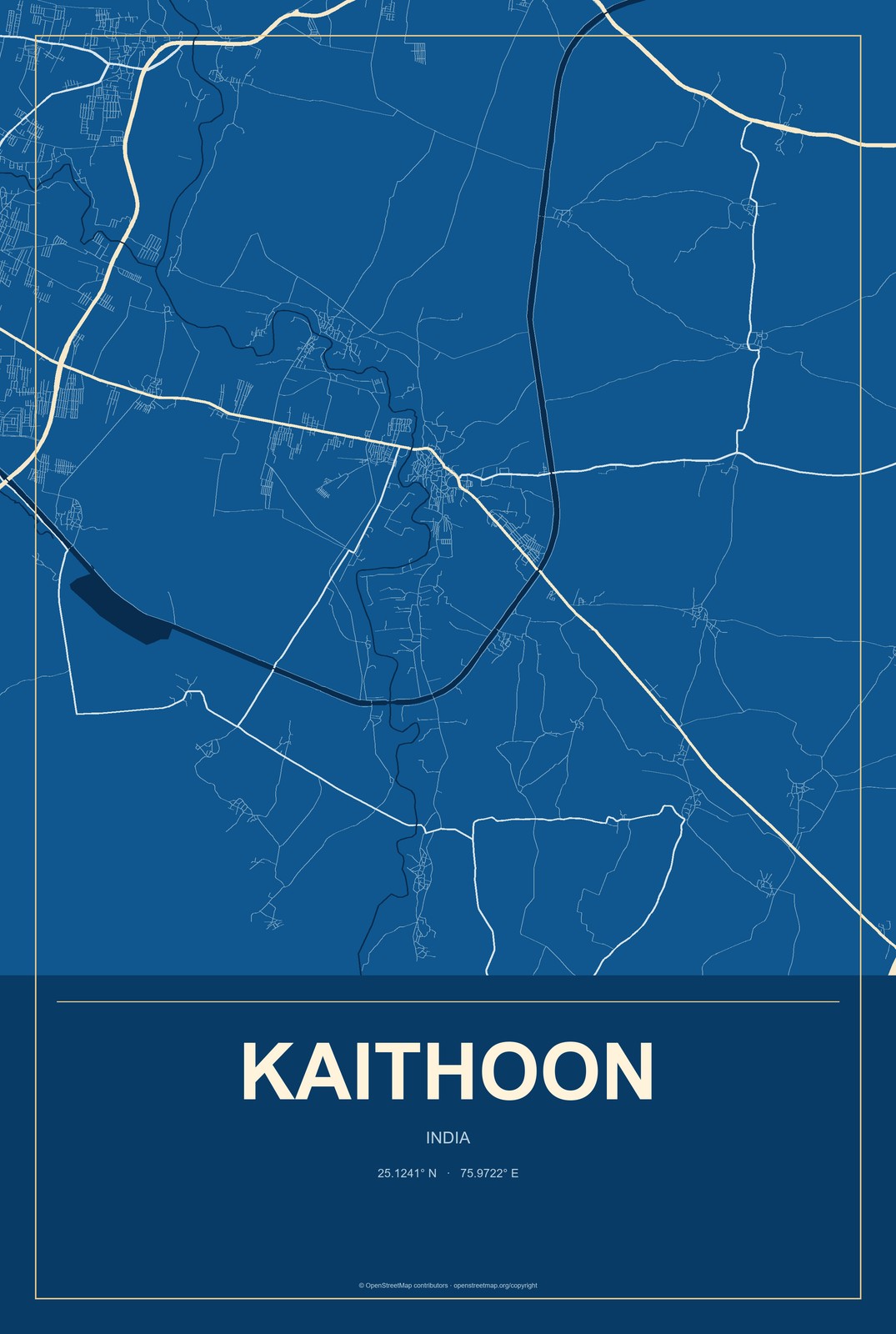 Kaithoon, India City Map Aluminum Sign in Harbor Cobalt style