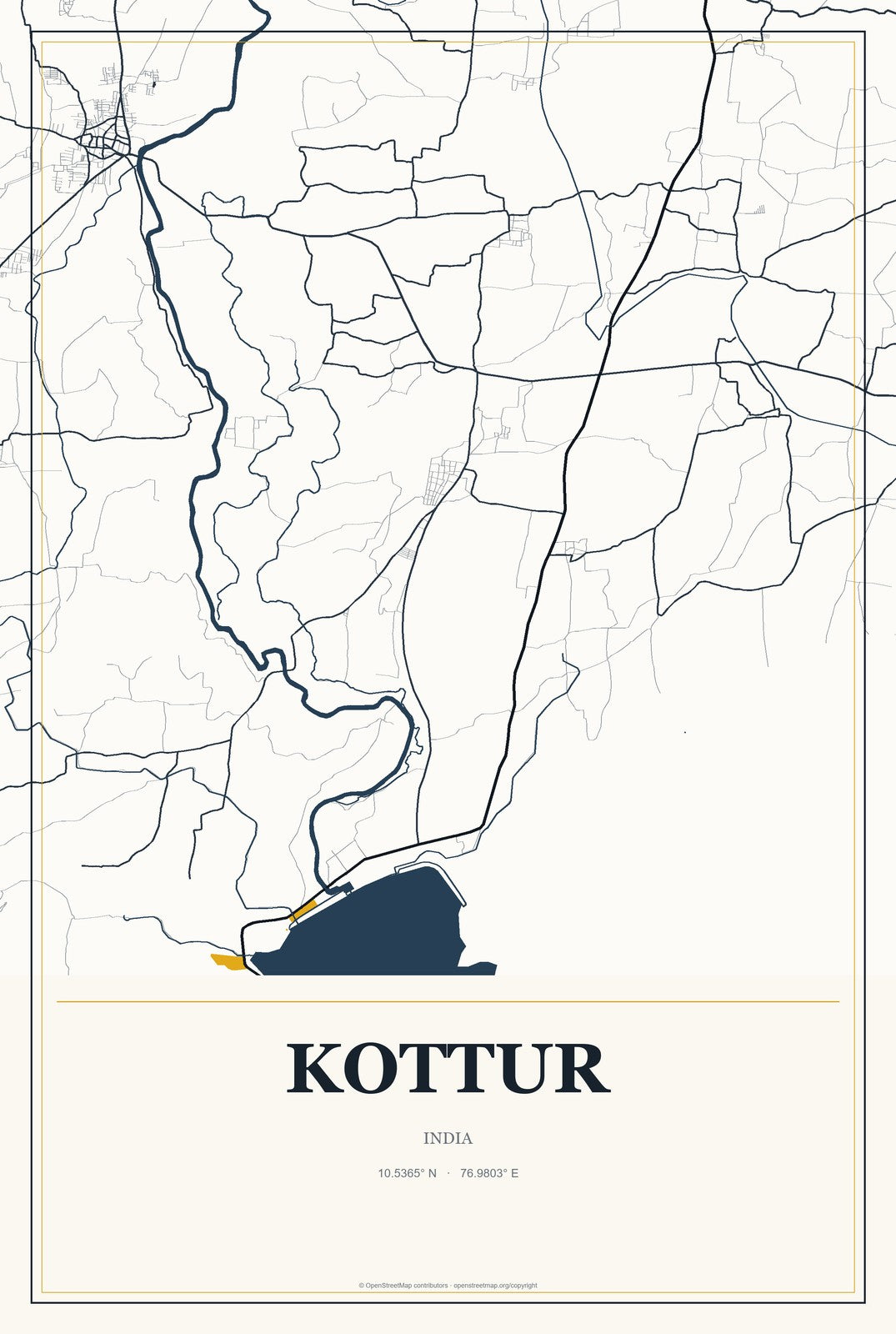 Kottur, India City Map Aluminum Sign in Citrine Modern style