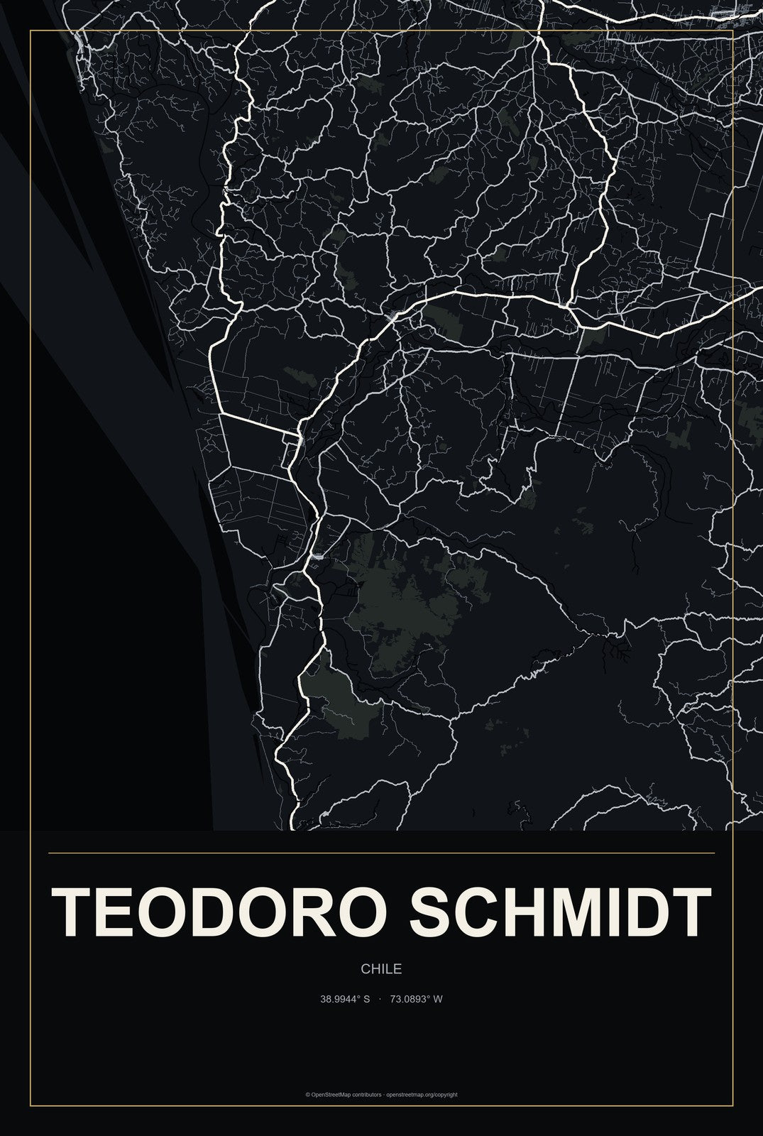Teodoro Schmidt, Chile City Map Aluminum Sign in Metropolitan Noir style