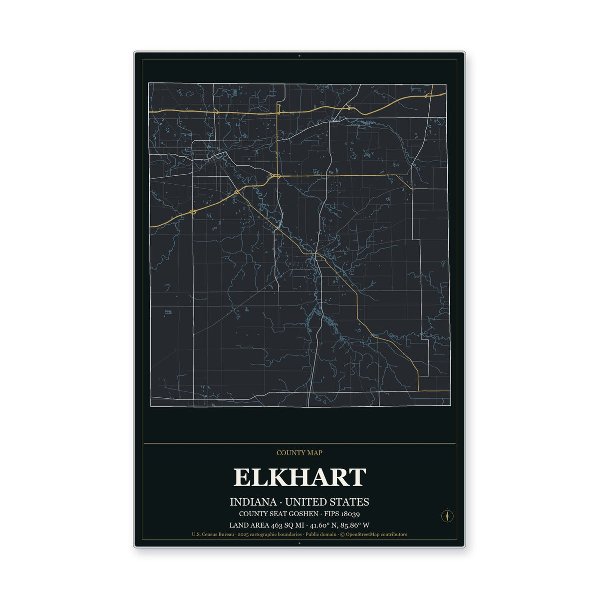 Elkhart County, Indiana Map Aluminum Sign in Metropolitan Noir style