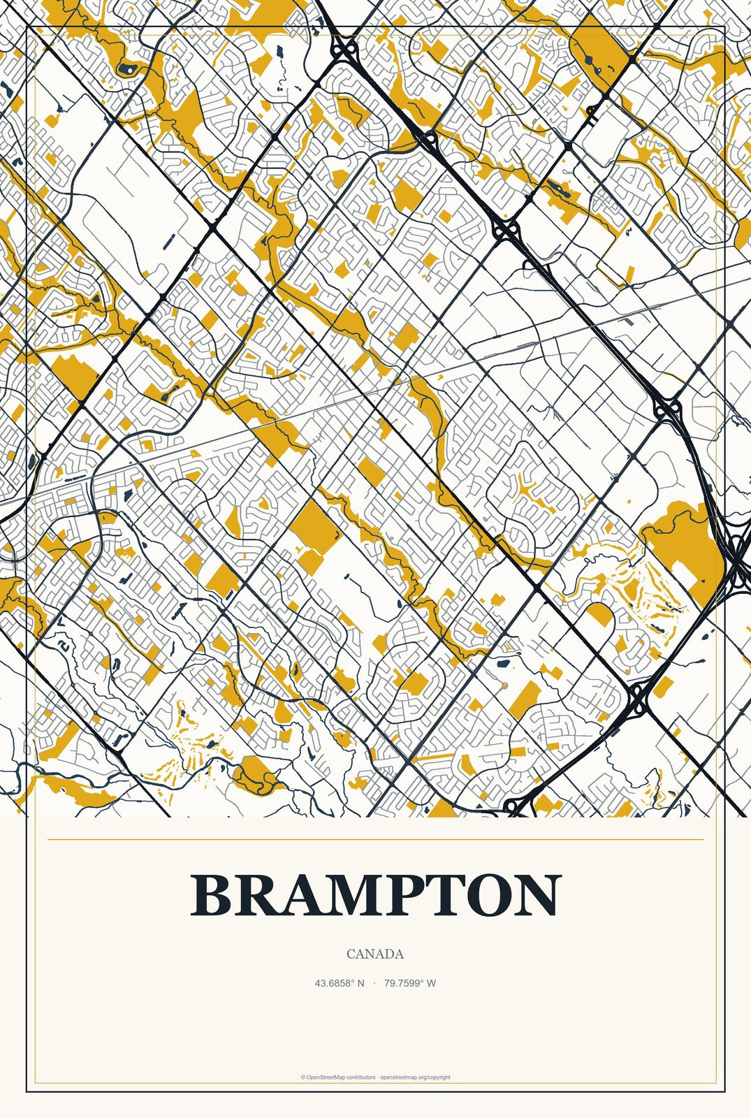 Brampton, Canada City Map Aluminum Sign in Citrine Modern style