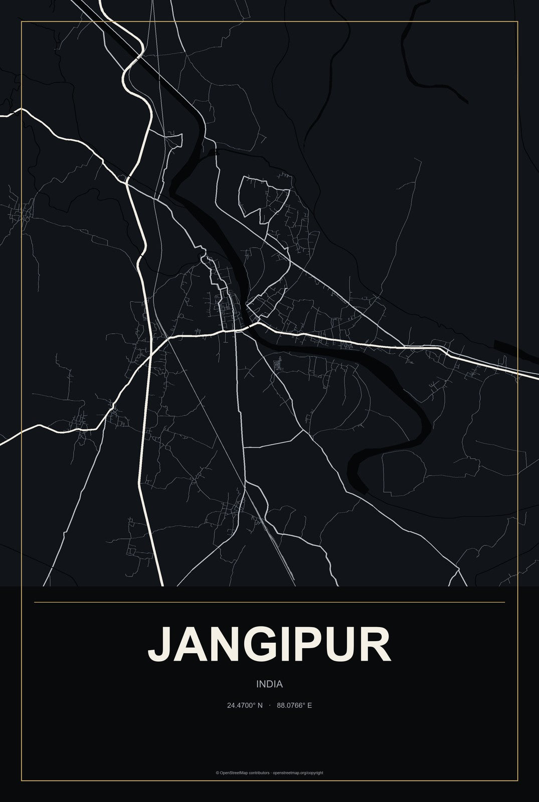 Jangipur, India City Map Aluminum Sign in Metropolitan Noir style