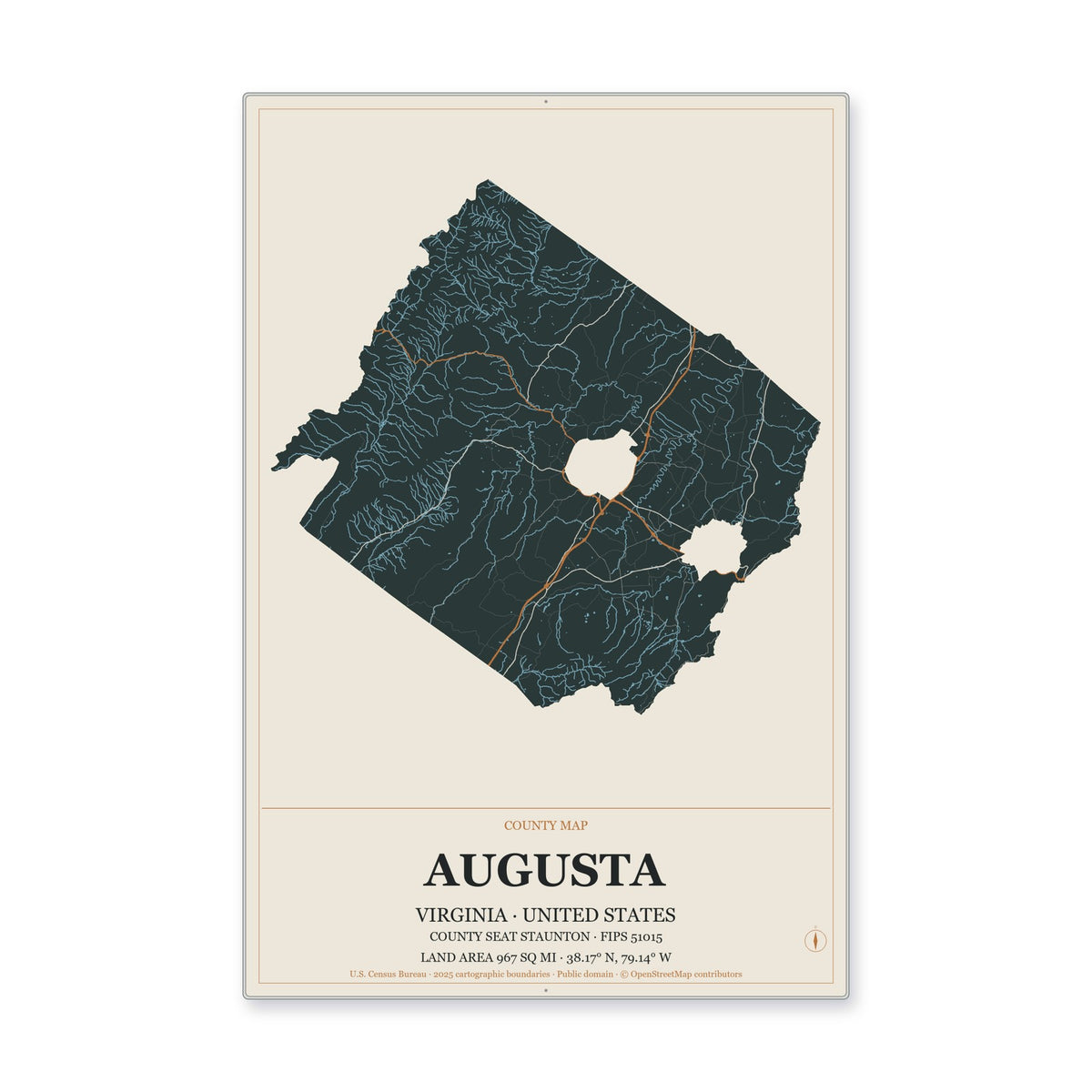 Augusta County, Virginia Map Aluminum Sign in Headline Atlas style