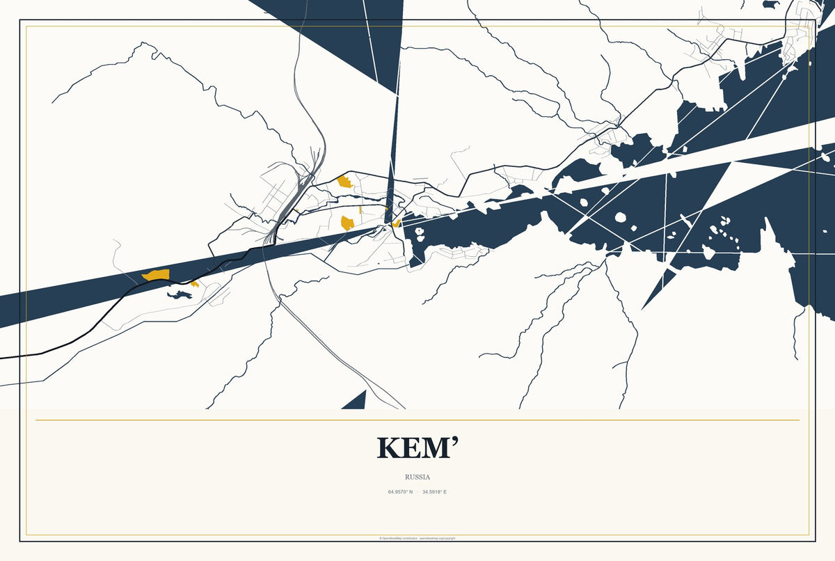 Kem’, Russia City Map Aluminum Sign in Citrine Modern style