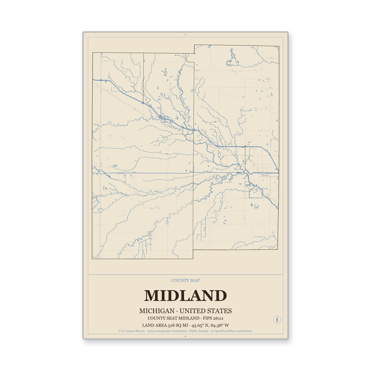 Midland County, Michigan Map Aluminum Sign in Heritage Nautical style