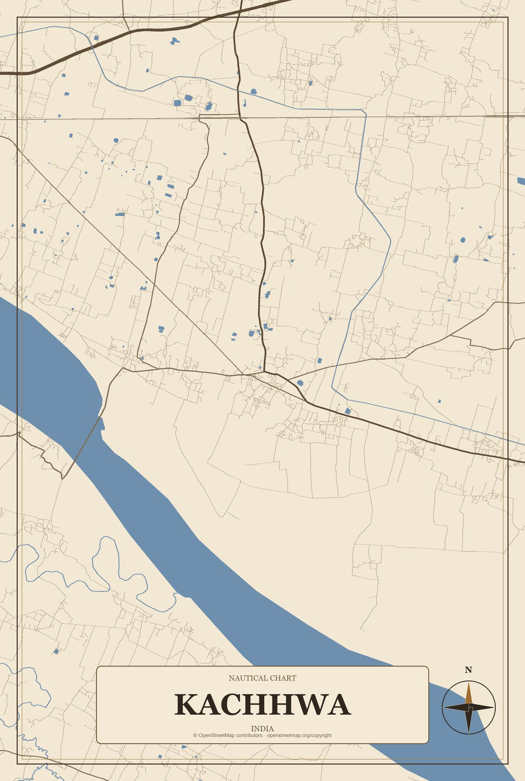 Kachhwa, India City Map Aluminum Sign in Heritage Nautical style