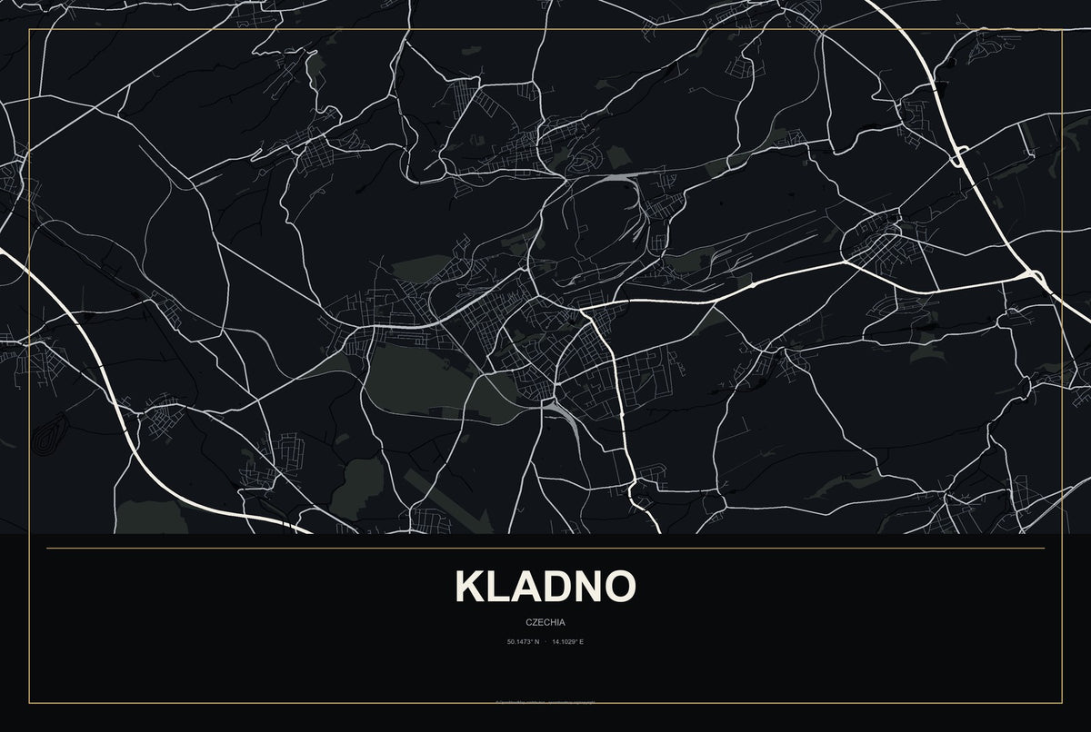 Kladno, Czechia City Map Aluminum Sign in Metropolitan Noir style