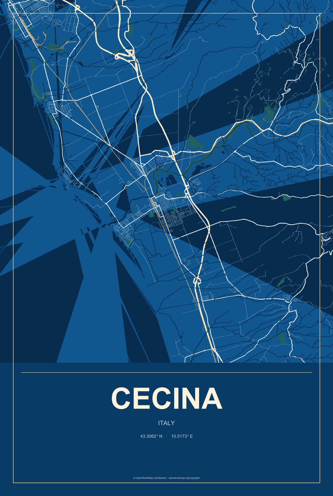 Cecina, Italy City Map Aluminum Sign in Harbor Cobalt style