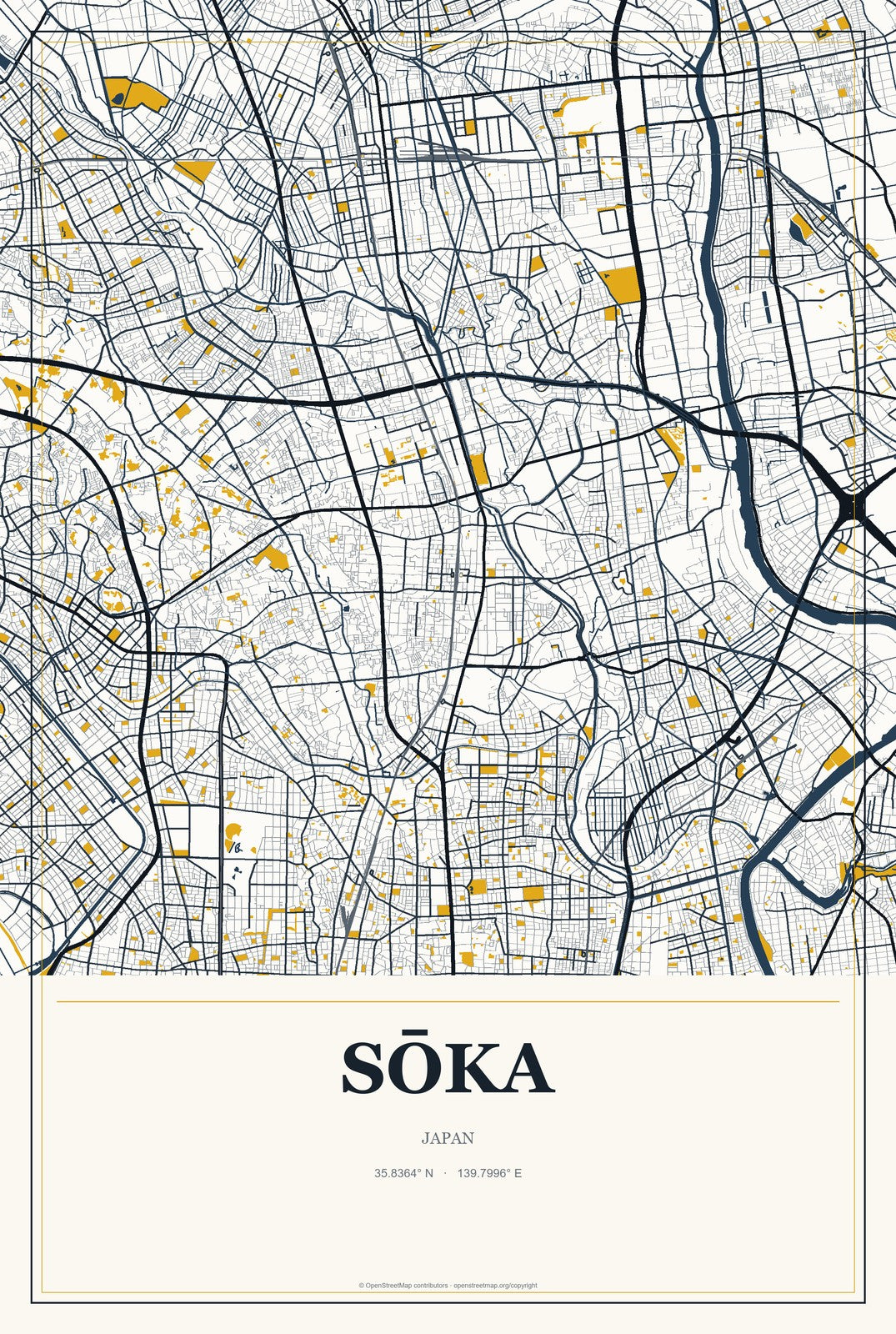 Sōka, Japan City Map Aluminum Sign in Citrine Modern style