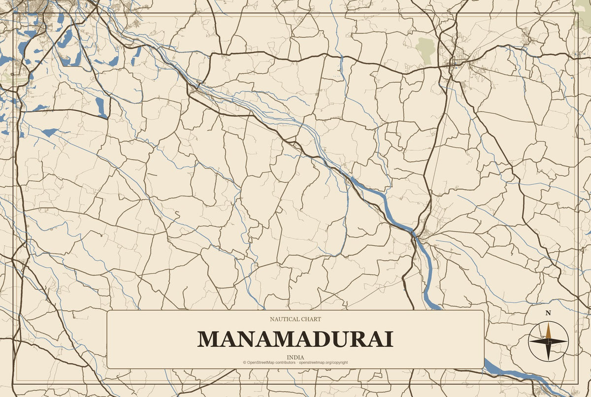Manamadurai, India City Map Aluminum Sign in Heritage Nautical style