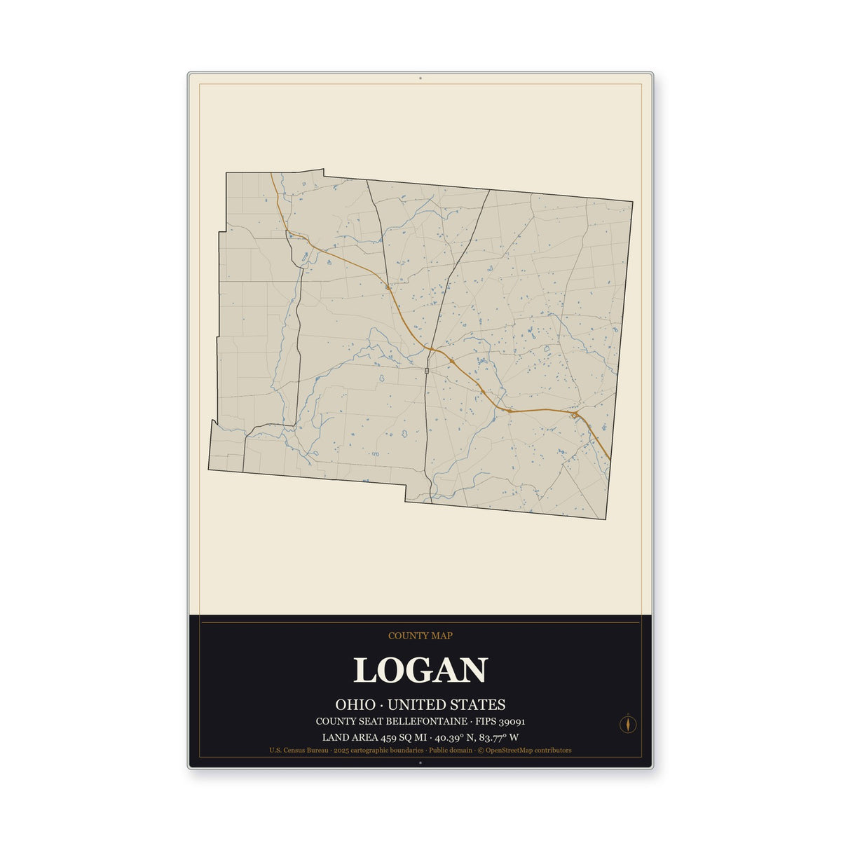 Logan County, Ohio Map Aluminum Sign in Museum Plaque style