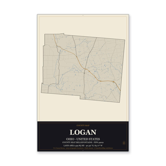 Logan County, Ohio Map Aluminum Sign in Museum Plaque style