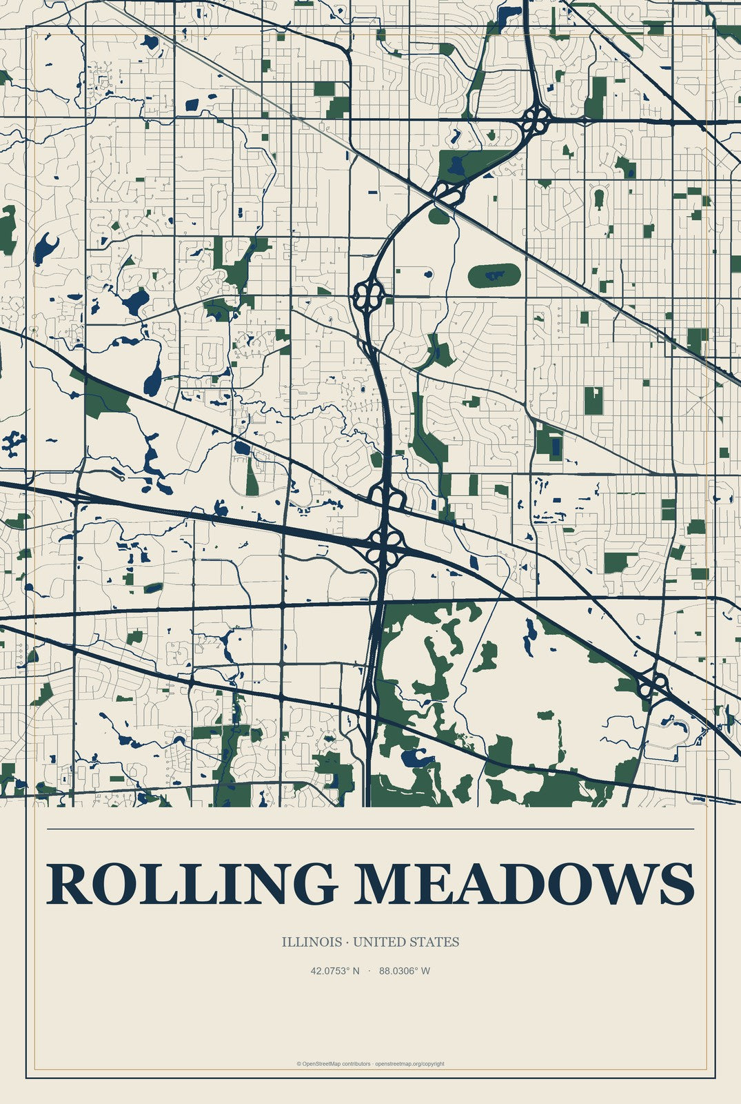 Rolling Meadows, Illinois City Map Aluminum Sign in Coastal Cutout style