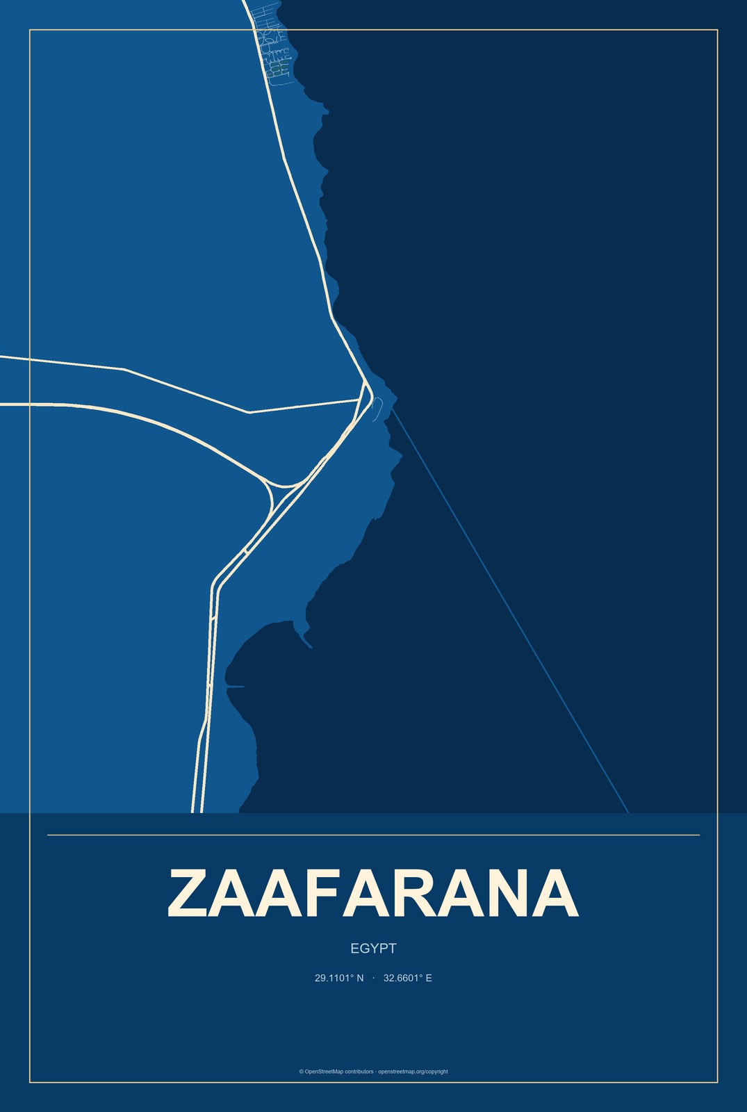 Zaafarana, Egypt City Map Aluminum Sign in Harbor Cobalt style