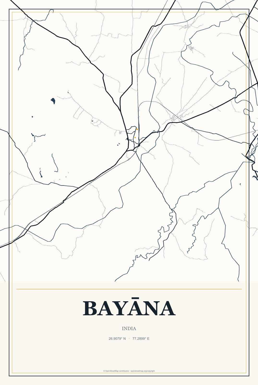 Bayāna, India City Map Aluminum Sign in Citrine Modern style