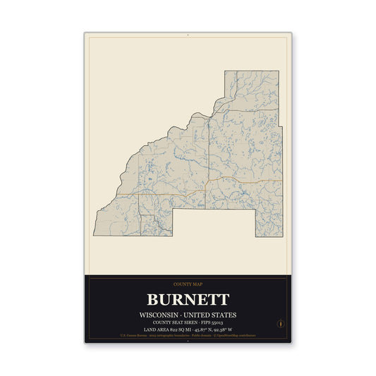 Burnett County, Wisconsin Map Aluminum Sign in Museum Plaque style