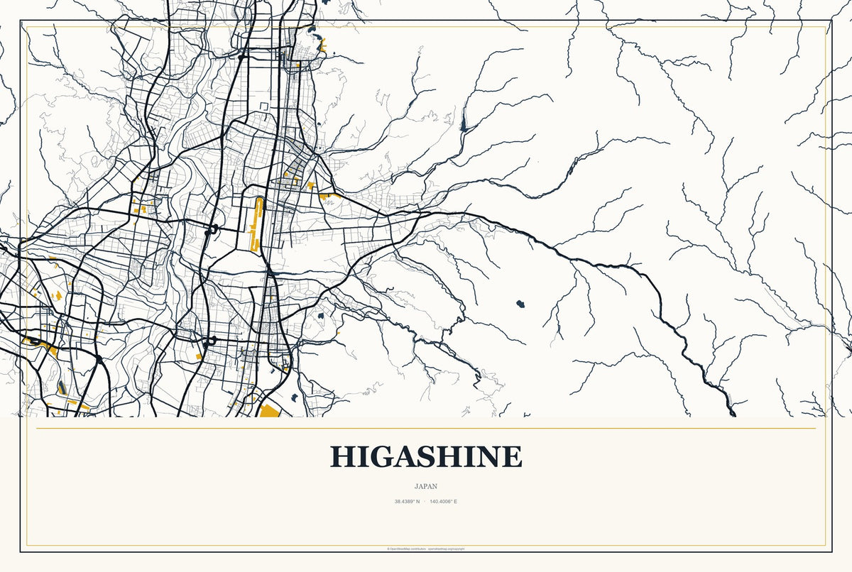 Higashine, Japan City Map Aluminum Sign in Citrine Modern style