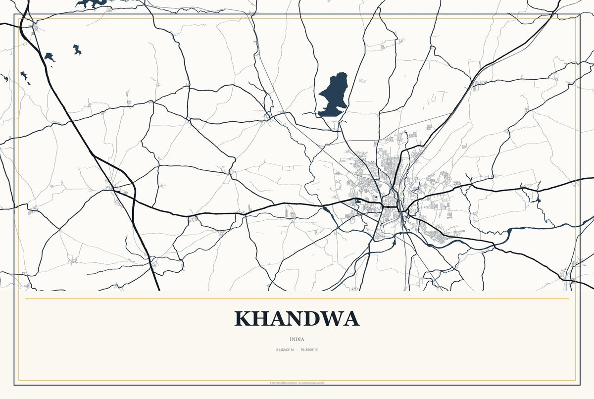 Khandwa, India City Map Aluminum Sign in Citrine Modern style