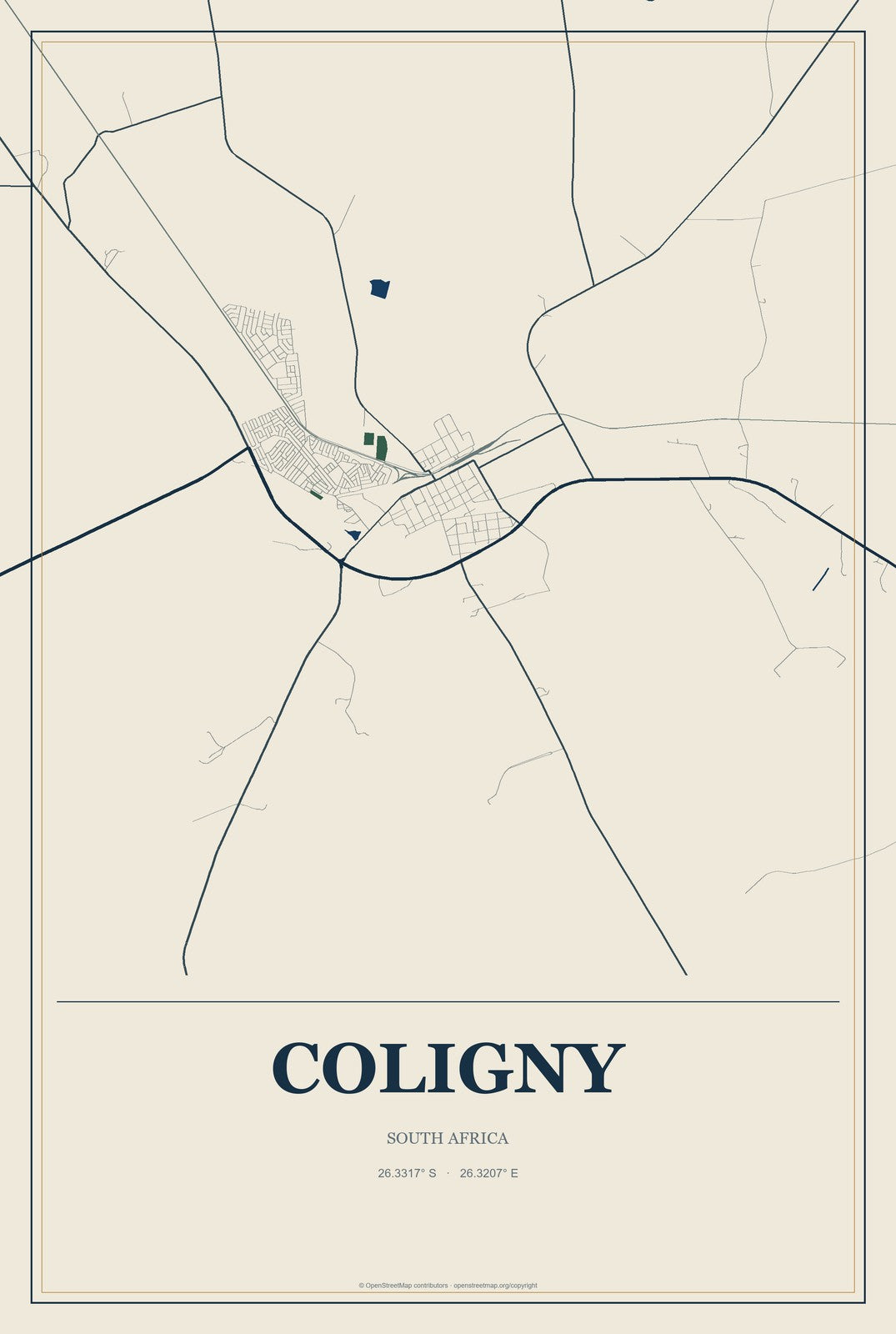 Coligny, South Africa City Map Aluminum Sign in Coastal Cutout style