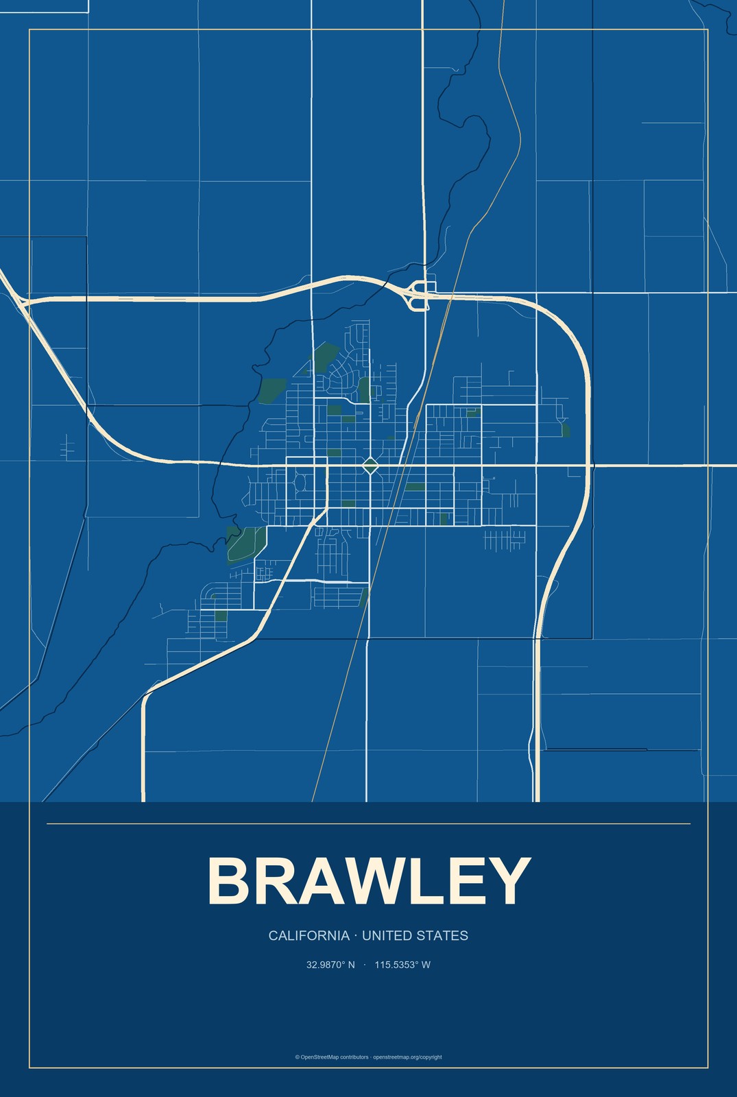 Brawley, California City Map Aluminum Sign in Harbor Cobalt style