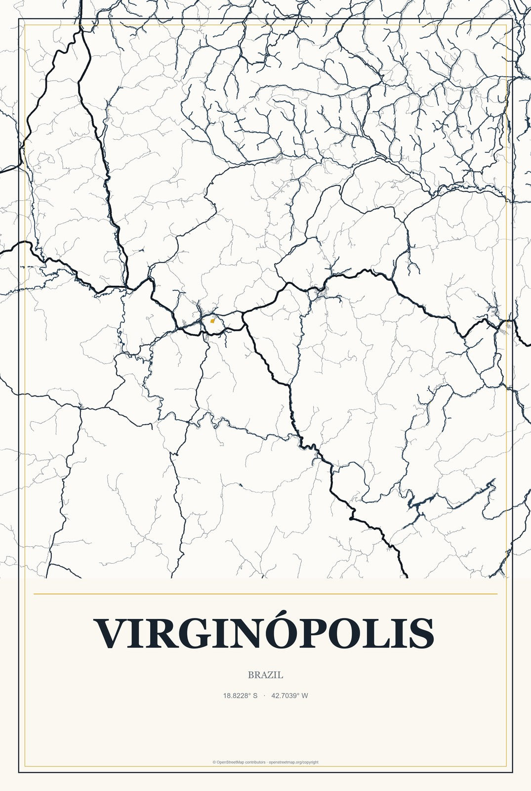 Virginópolis, Brazil City Map Aluminum Sign in Citrine Modern style