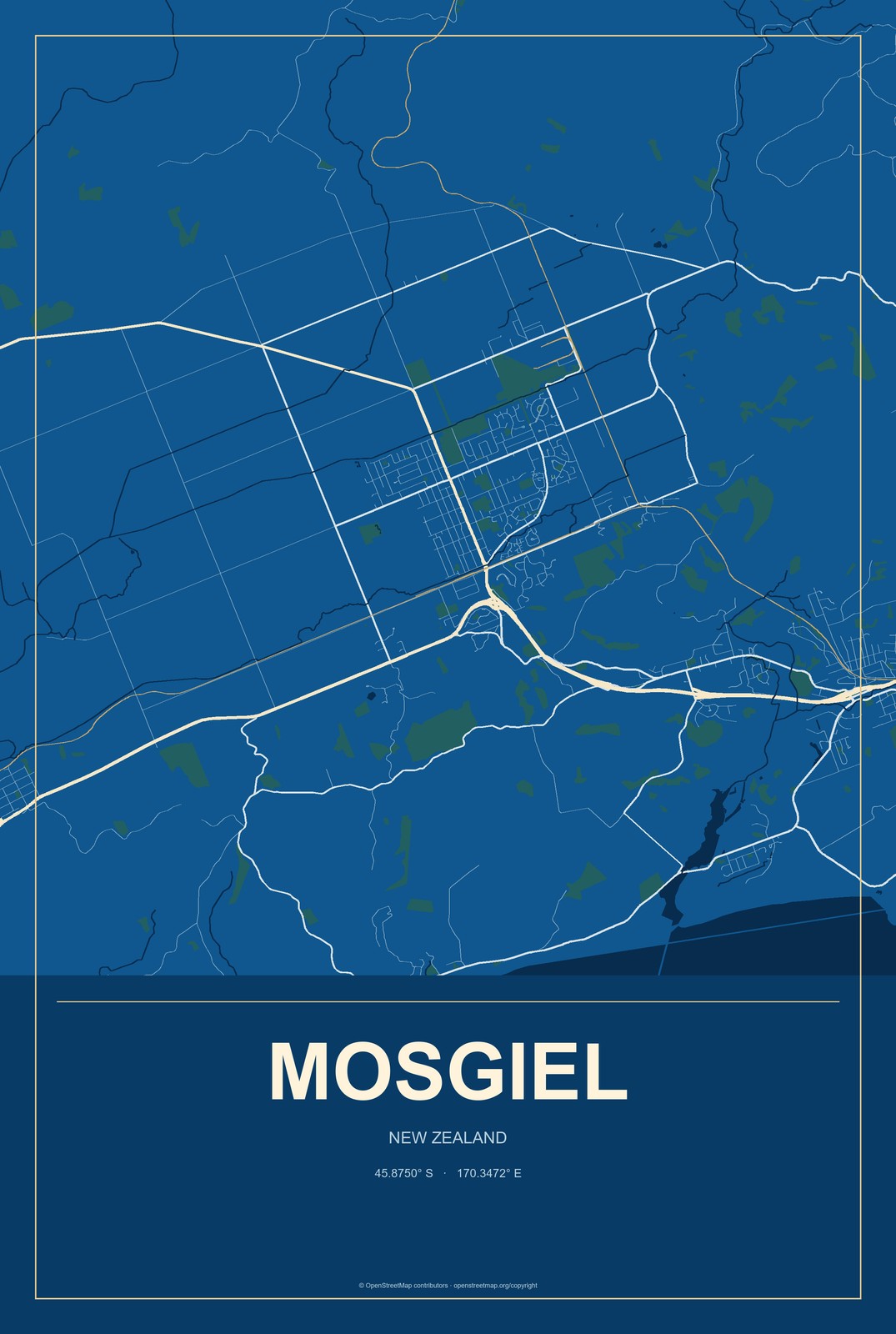 Mosgiel, New Zealand City Map Aluminum Sign in Harbor Cobalt style