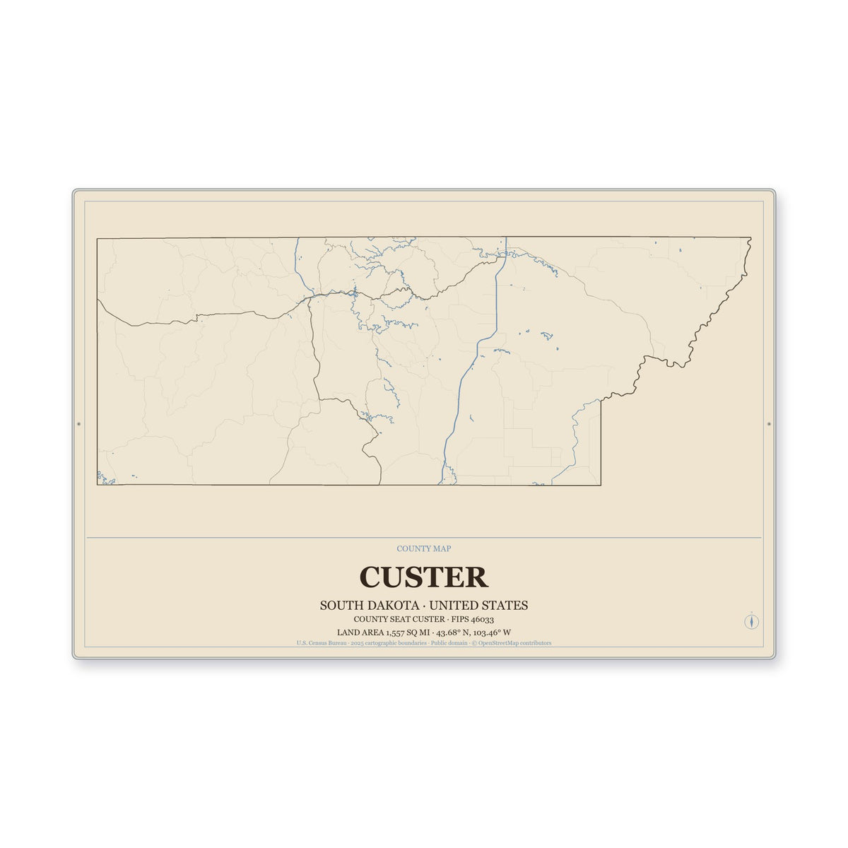 Custer County, South Dakota Map Aluminum Sign in Heritage Nautical style