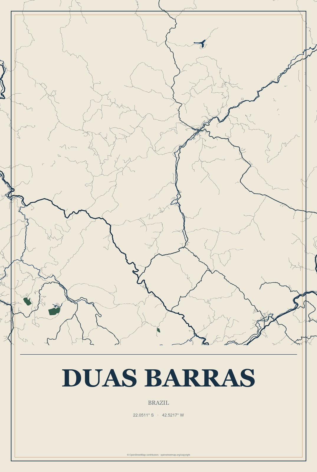 Duas Barras, Brazil City Map Aluminum Sign in Coastal Cutout style
