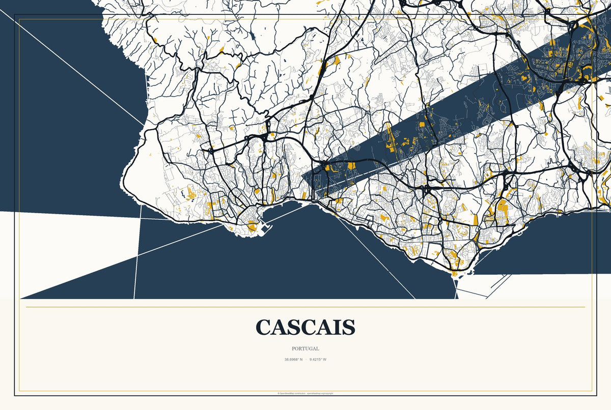 Cascais, Portugal City Map Aluminum Sign in Citrine Modern style