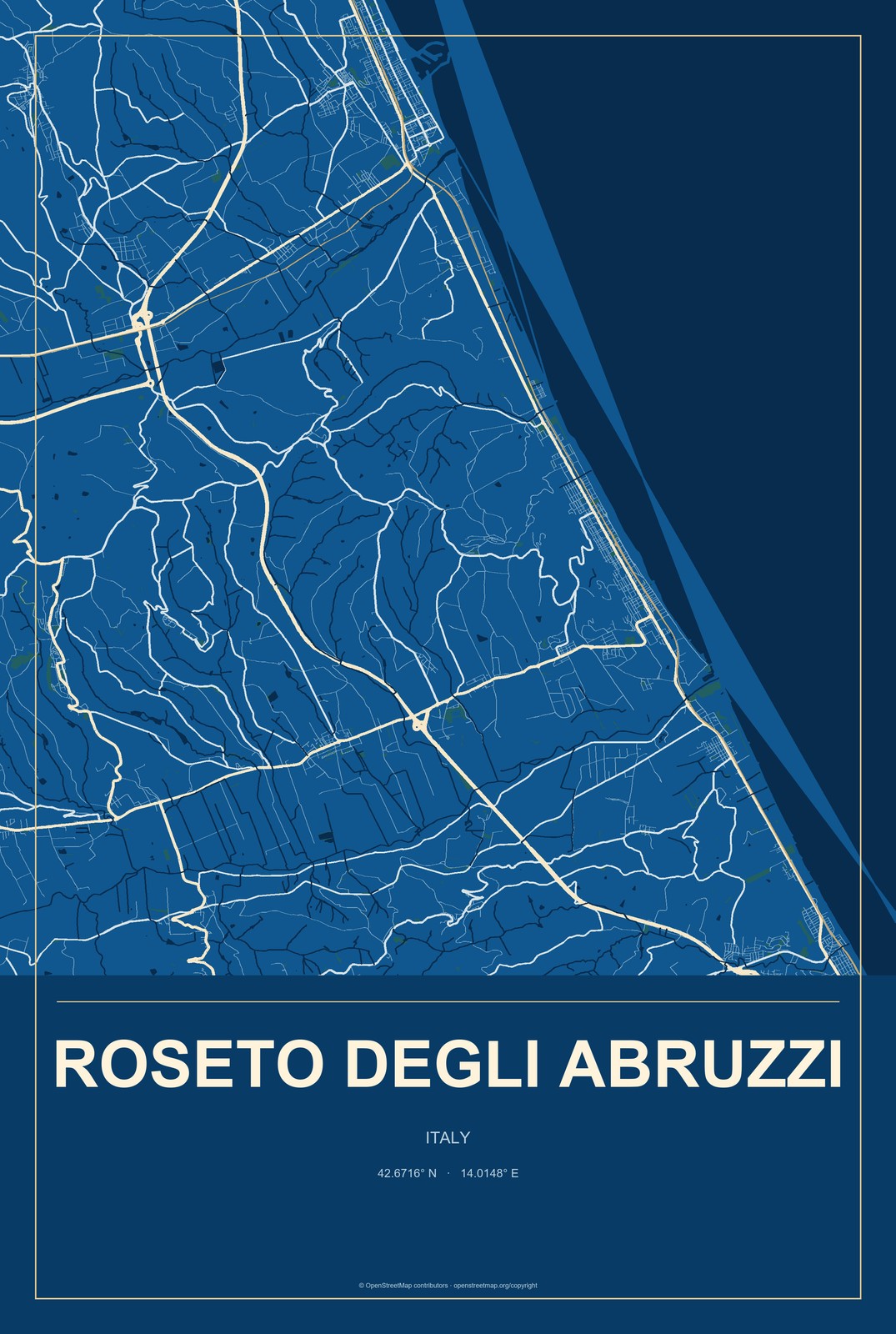 Roseto degli Abruzzi, Italy City Map Aluminum Sign in Harbor Cobalt style