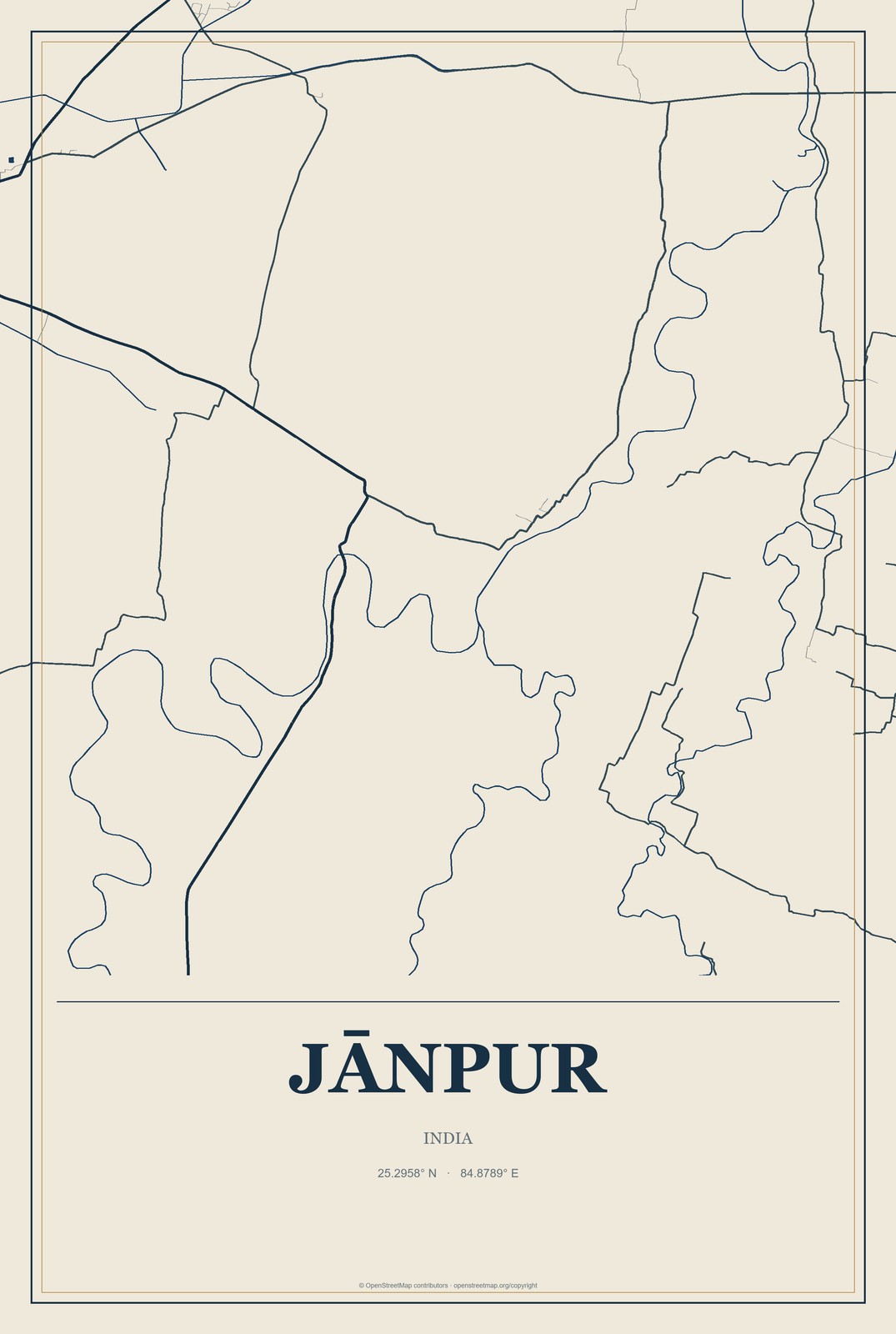 Jānpur, India City Map Aluminum Sign in Coastal Cutout style