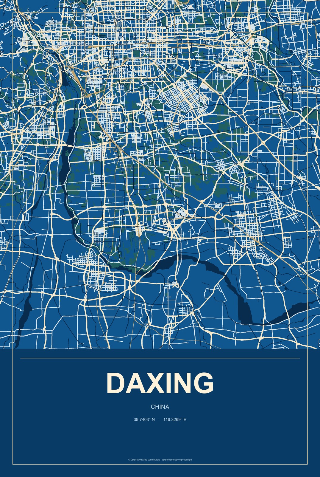 Daxing, Chongqing, China City Map Aluminum Sign in Harbor Cobalt style
