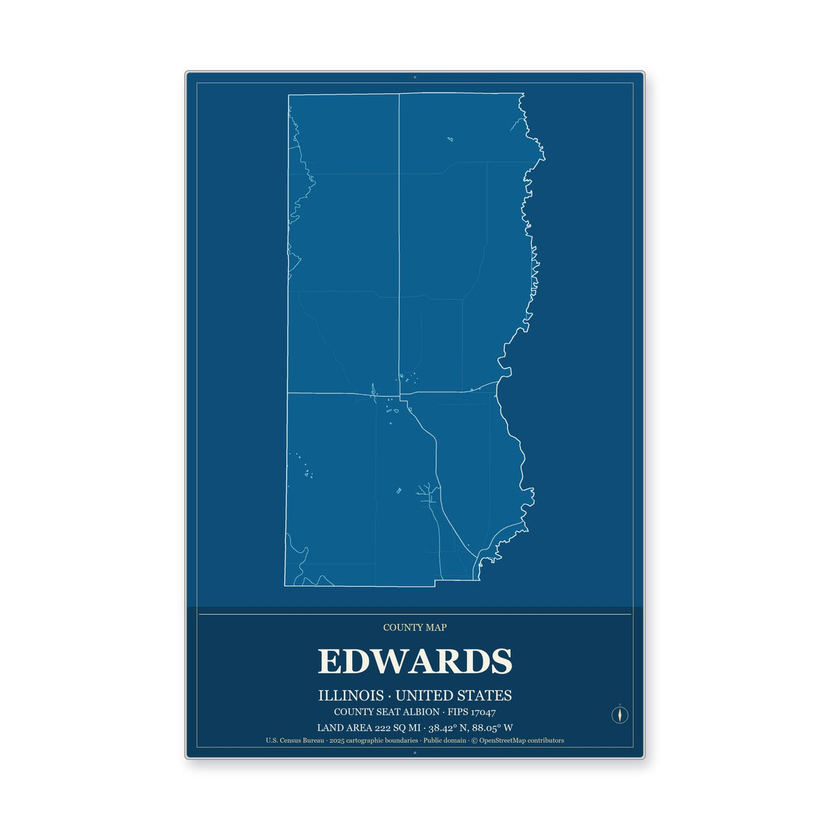 Edwards County, Illinois Map Aluminum Sign in Harbor Cobalt style