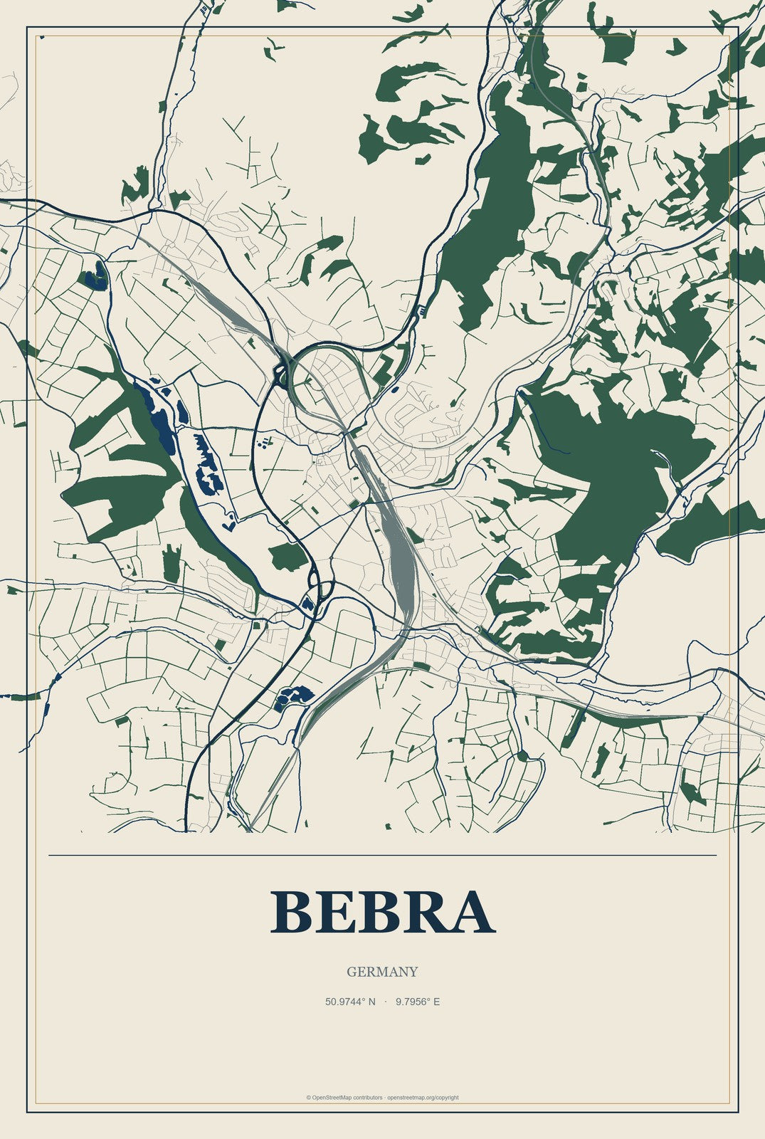 Bebra, Germany City Map Aluminum Sign in Coastal Cutout style