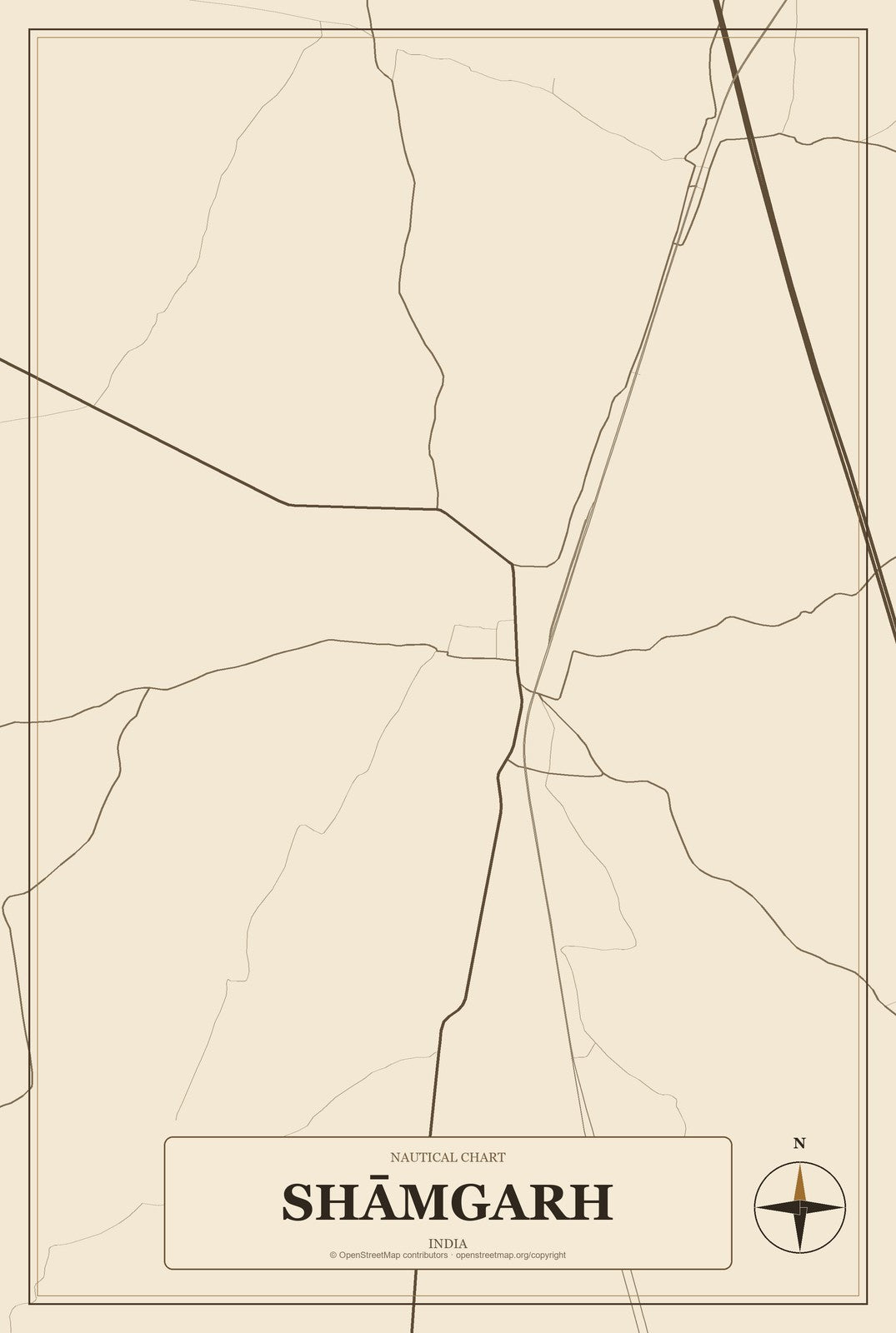Shāmgarh, India City Map Aluminum Sign in Heritage Nautical style