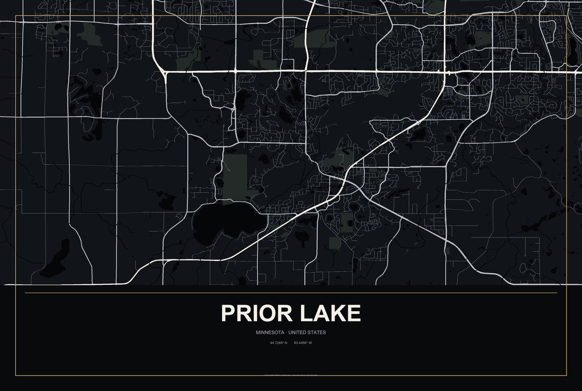 Prior Lake, Minnesota City Map Aluminum Sign in Metropolitan Noir style