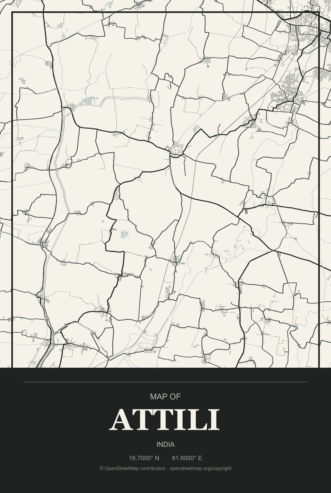 Attili, India City Map Aluminum Sign in Museum Plaque style