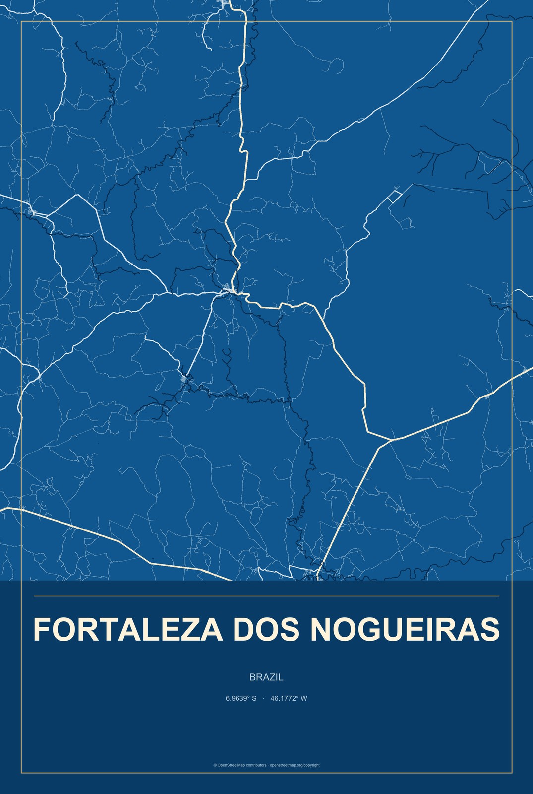 Fortaleza dos Nogueiras, Brazil City Map Aluminum Sign in Harbor Cobalt style