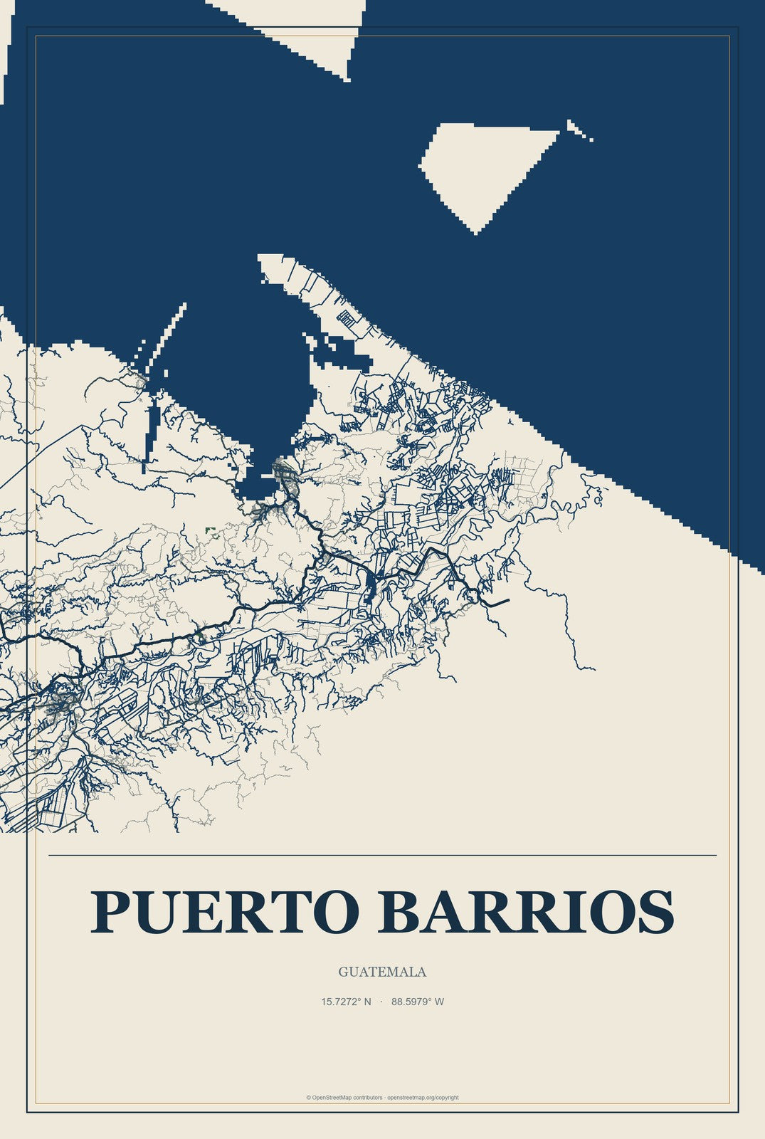 Puerto Barrios, Guatemala City Map Aluminum Sign in Coastal Cutout style