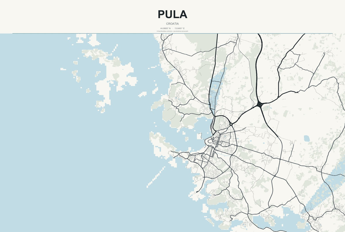 Pula, Croatia City Map Aluminum Sign in Headline Atlas style