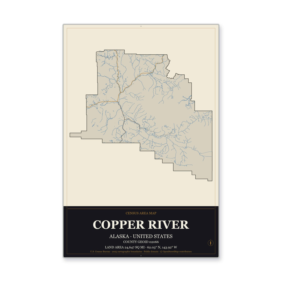 Copper River Census Area, Alaska Map Aluminum Sign in Museum Plaque style