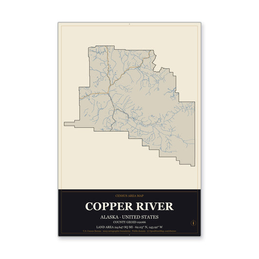 Copper River Census Area, Alaska Map Aluminum Sign in Museum Plaque style