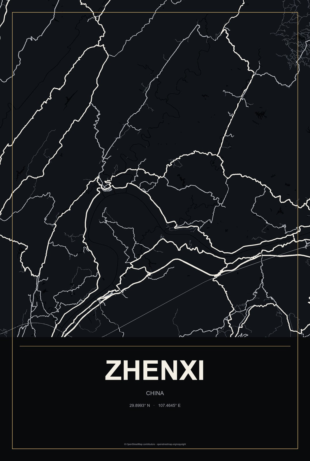 Zhenxi, China City Map Aluminum Sign in Metropolitan Noir style