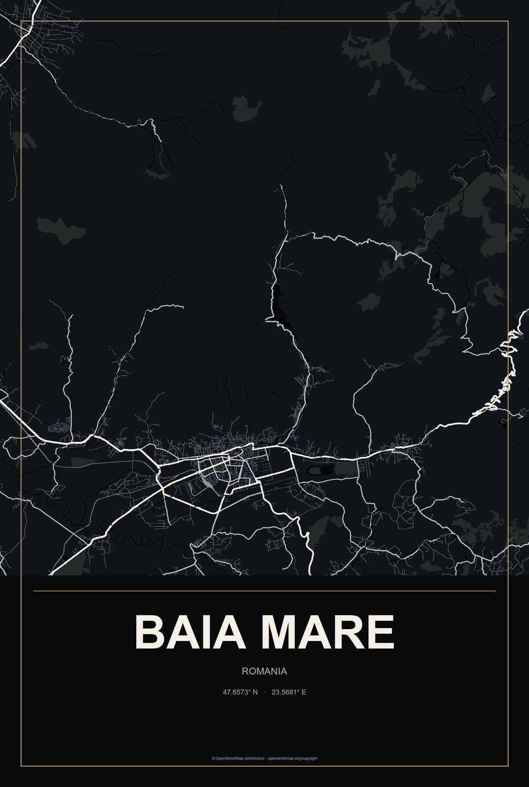 Baia Mare, Romania City Map Aluminum Sign in Metropolitan Noir style