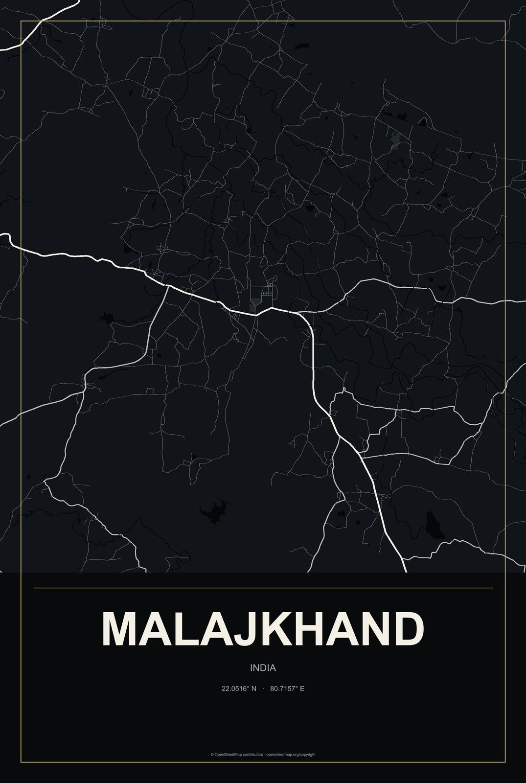 Malajkhand, India City Map Aluminum Sign in Metropolitan Noir style
