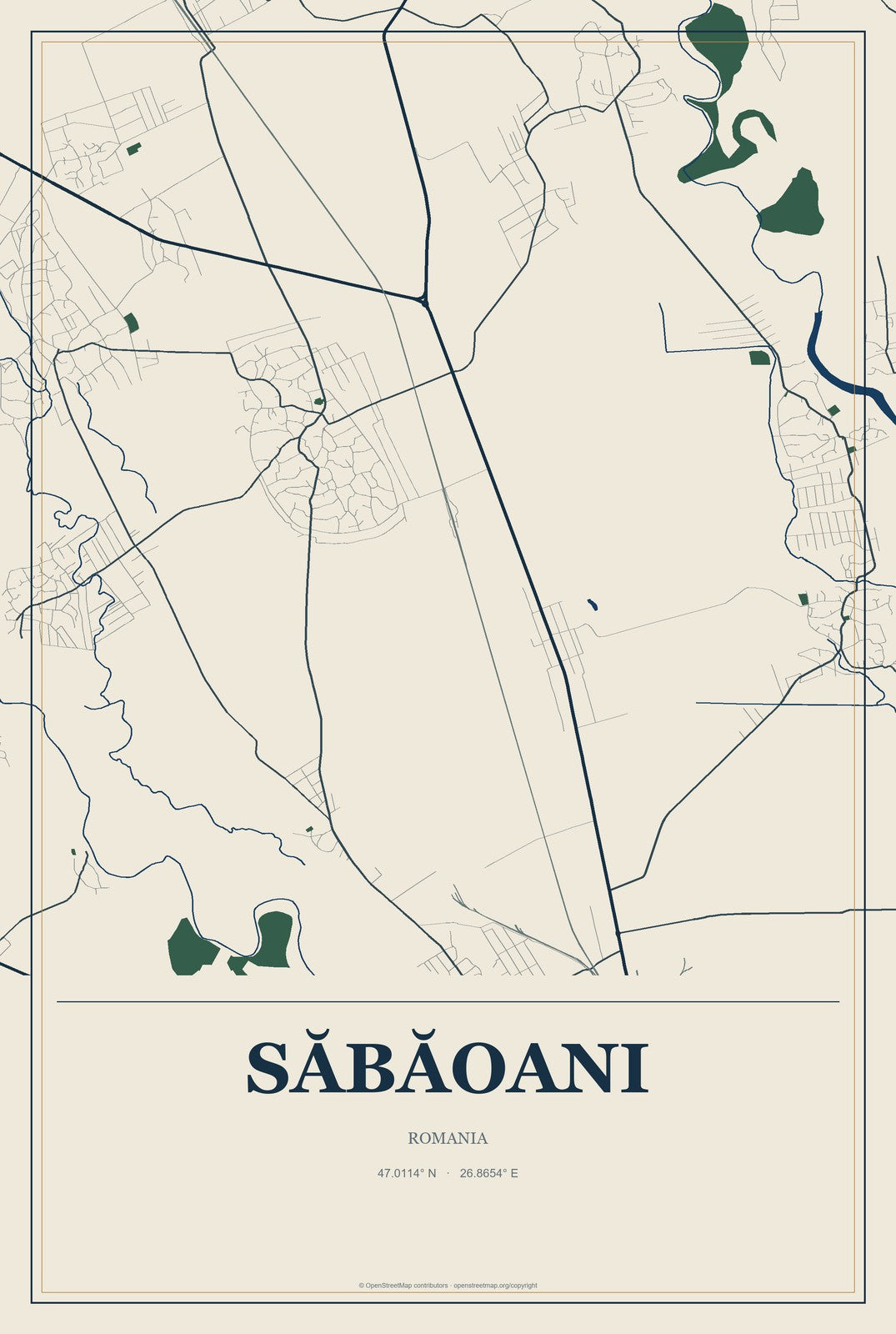 Săbăoani, Romania City Map Aluminum Sign in Coastal Cutout style