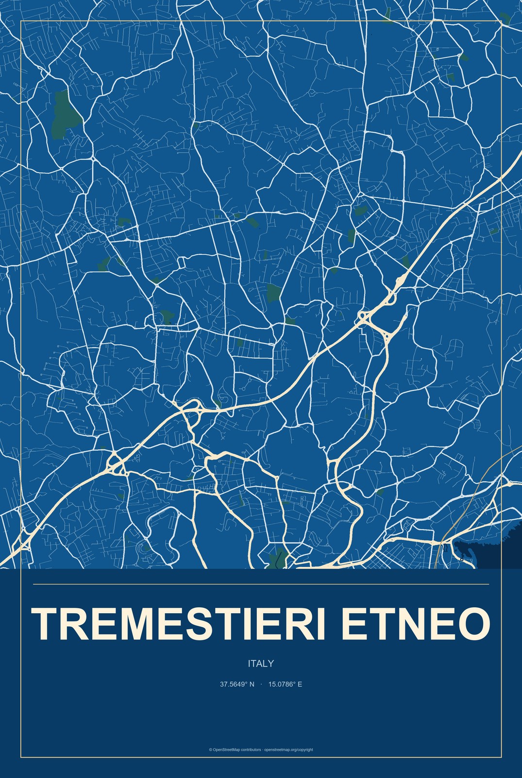 Tremestieri Etneo, Italy City Map Aluminum Sign in Harbor Cobalt style